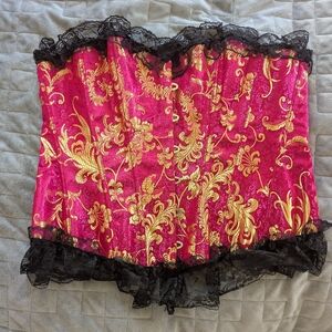Elegant Pink and Gold Corset with Black Lace Trim
